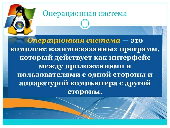 Операционная система Операционная система — это комплекс взаимосвязанных программ, который действует