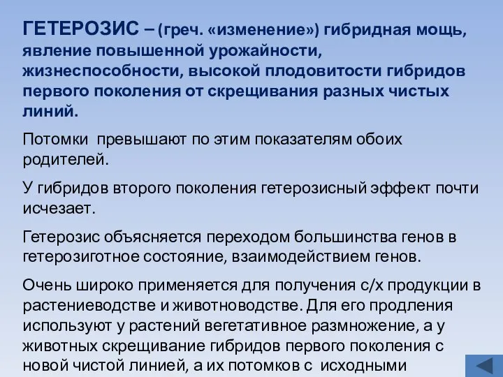 ГЕТЕРОЗИС – (греч. «изменение») гибридная мощь, явление повышенной урожайности, жизнеспособности, высокой