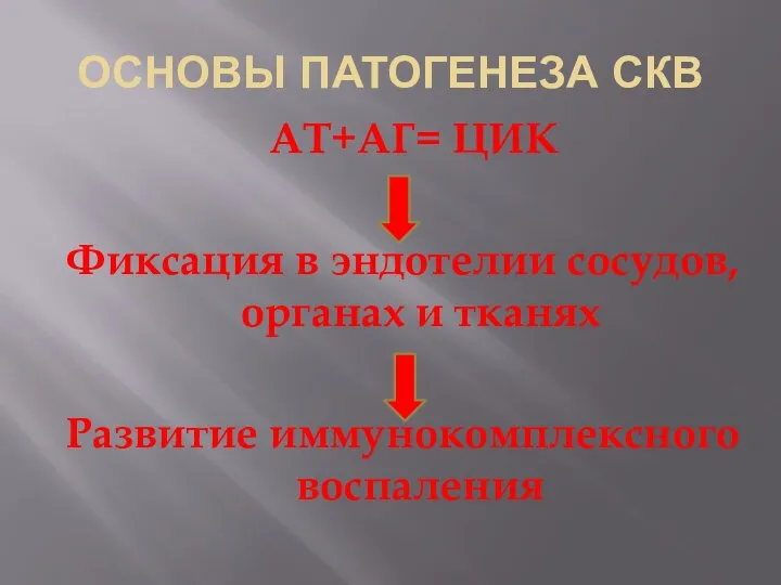 ОСНОВЫ ПАТОГЕНЕЗА СКВ АТ+АГ= ЦИК Фиксация в эндотелии сосудов, органах и тканях Развитие иммунокомплексного воспаления