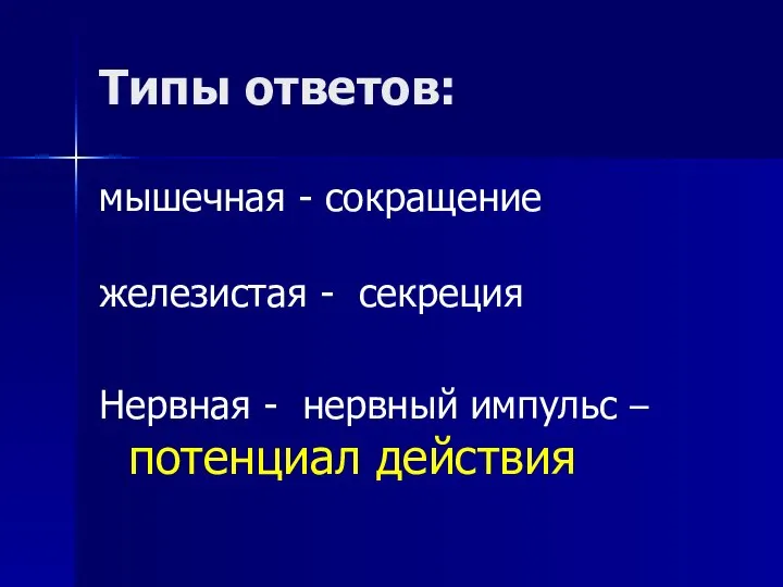 Типы ответов: мышечная - сокращение железистая - секреция Нервная - нервный импульс – потенциал действия