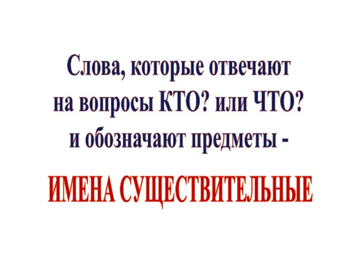 Слова, которые отвечают на вопросы КТО? или ЧТО? и обозначают предметы - ИМЕНА СУЩЕСТВИТЕЛЬНЫЕ