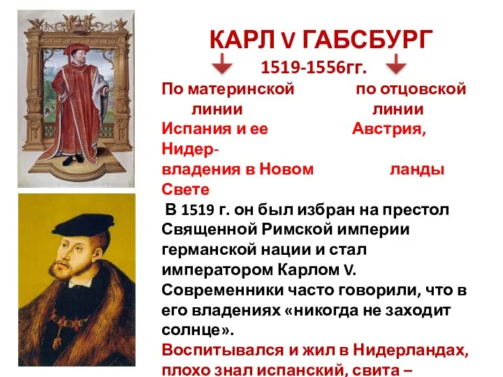 КАРЛ V ГАБСБУРГ 1519-1556гг. По материнской по отцовской линии линии Испания