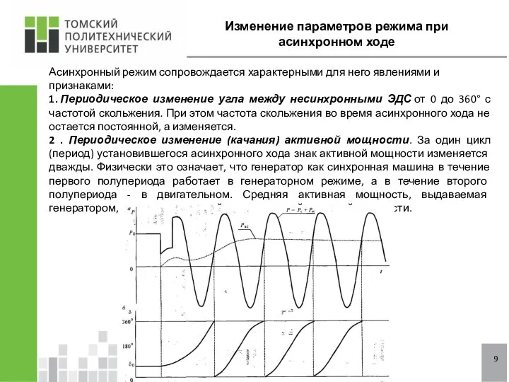 Изменение параметров режима при асинхронном ходе Асинхронный режим сопровождается характерными для