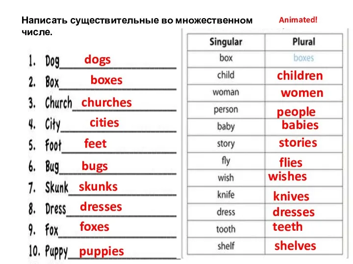 Написать существительные во множественном числе. dogs boxes churches cities feet bugs