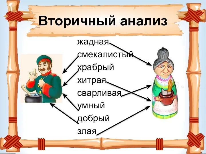 Вторичный анализ жадная смекалистый храбрый хитрая сварливая умный добрый злая