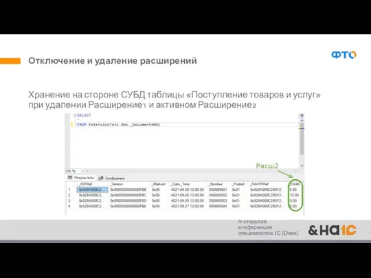 Отключение и удаление расширений Хранение на стороне СУБД таблицы «Поступление товаров