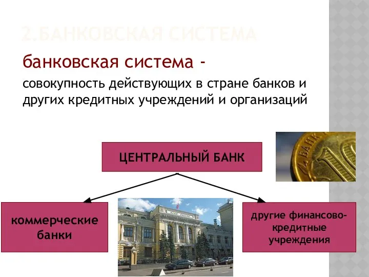 2.БАНКОВСКАЯ СИСТЕМА банковская система - совокупность действующих в стране банков и