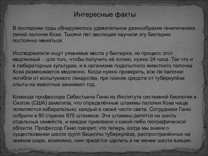 Интересные факты В последние годы обнаружилось удивительное разнообразие генетических линий палочки