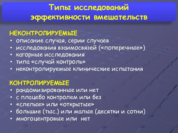 Типы исследований эффективности вмешательств НЕКОНТРОЛИРУЕМЫЕ описание случая, серии случаев исследования взаимосвязей