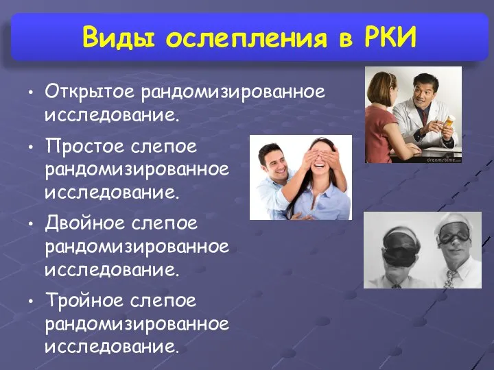 Виды ослепления в РКИ Открытое рандомизированное исследование. Простое слепое рандомизированное исследование.