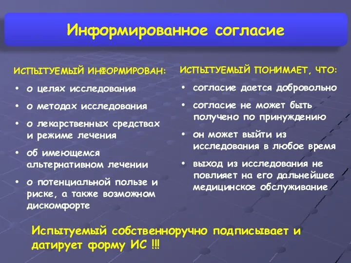 Информированное согласие ИСПЫТУЕМЫЙ ИНФОРМИРОВАН: о целях исследования о методах исследования о