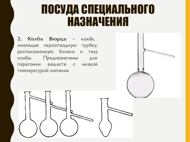 ПОСУДА СПЕЦИАЛЬНОГО НАЗНАЧЕНИЯ 2. Колба Вюрца – колба, имеющая пароотводную трубку,