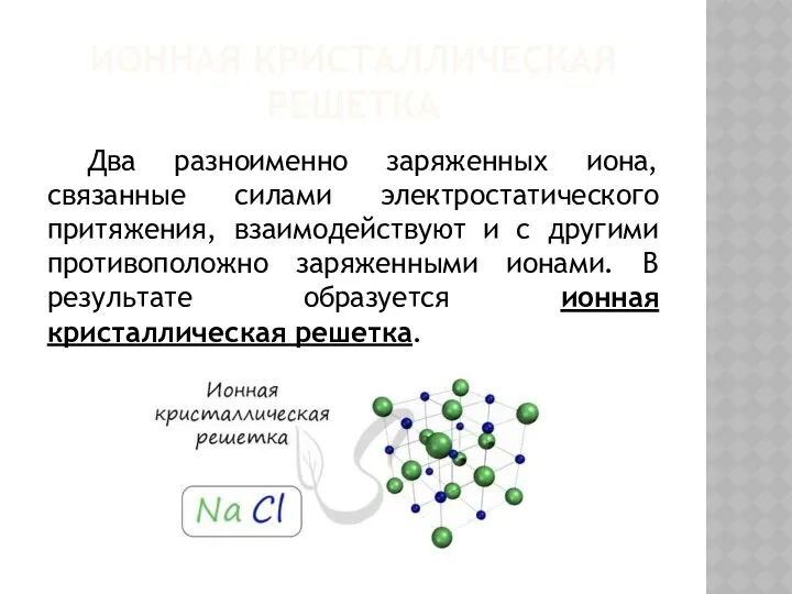 ИОННАЯ КРИСТАЛЛИЧЕСКАЯ РЕШЕТКА Два разноименно заряженных иона, связанные силами электростатического притяжения,