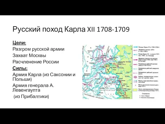 Русский поход Карла XII 1708-1709 Цели: Разгром русской армии Захват Москвы