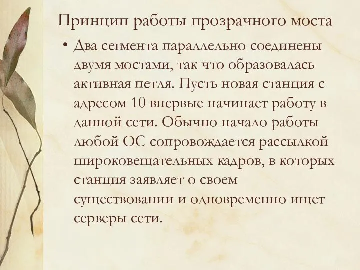 Принцип работы прозрачного моста Два сегмента параллельно соединены двумя мостами, так