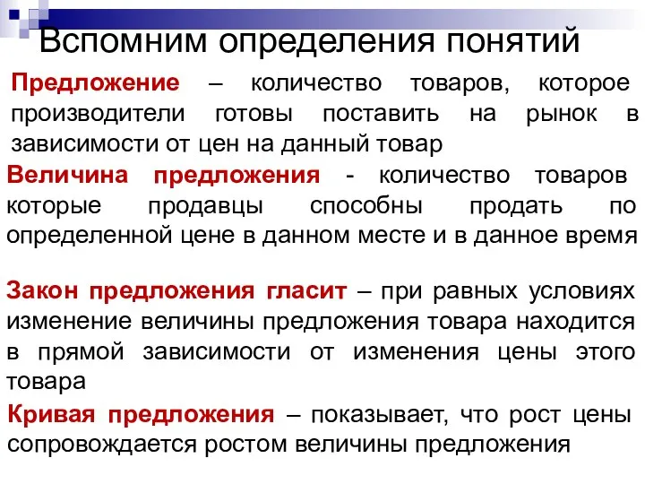 Вспомним определения понятий Предложение – количество товаров, которое производители готовы поставить