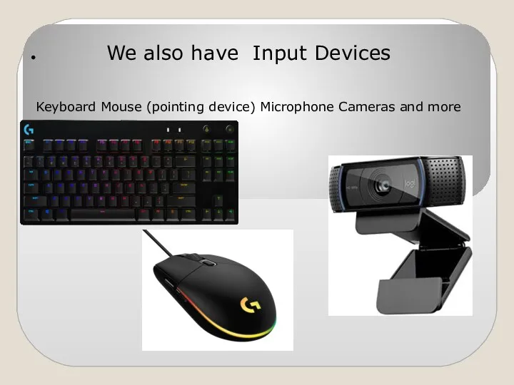 Keyboard Mouse (pointing device) Microphone Cameras and more We also have Input Devices