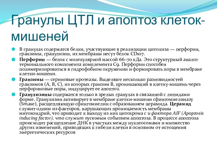 Гранулы ЦТЛ и апоптоз клеток-мишеней В гранулах содержатся белки, участвующие в