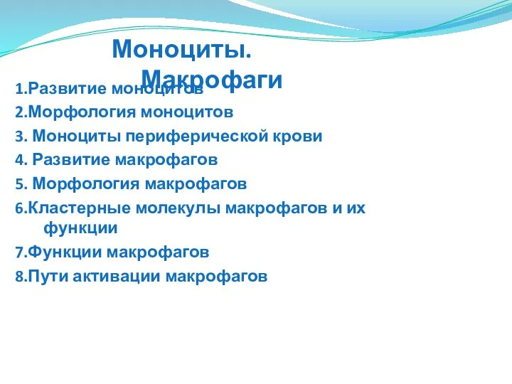 1.Развитие моноцитов 2.Морфология моноцитов 3. Моноциты периферической крови 4. Развитие макрофагов