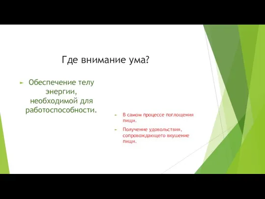 Где внимание ума? Обеспечение телу энергии, необходимой для работоспособности. В самом