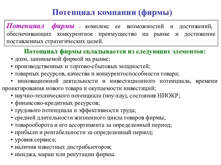 Потенциал компании (фирмы) Потенциал фирмы складывается из следующих элементов: • доли,