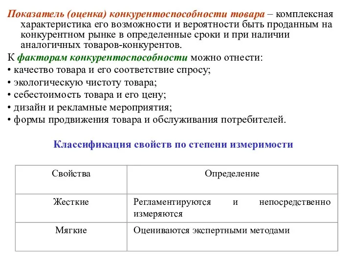 Показатель (оценка) конкурентоспособности товара – комплексная характеристика его возможности и вероятности