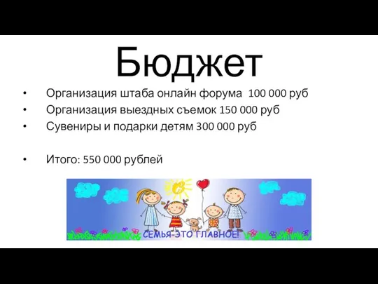 Бюджет Организация штаба онлайн форума 100 000 руб Организация выездных съемок