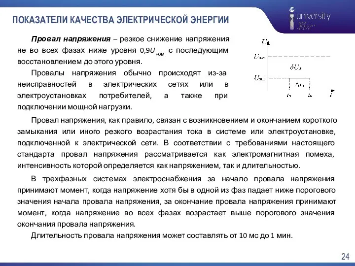 ПОКАЗАТЕЛИ КАЧЕСТВА ЭЛЕКТРИЧЕСКОЙ ЭНЕРГИИ Провал напряжения – резкое снижение напряжения не