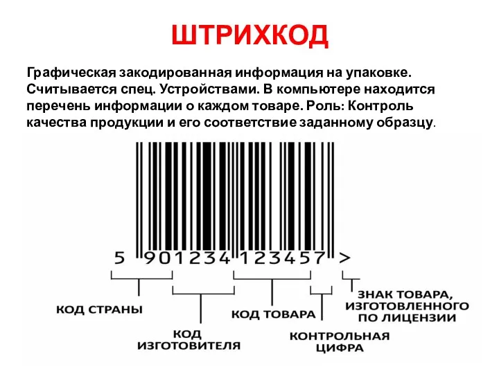 ШТРИХКОД Графическая закодированная информация на упаковке. Считывается спец. Устройствами. В компьютере