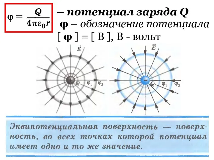 – потенциал заряда Q φ – обозначение потенциала [ φ ]