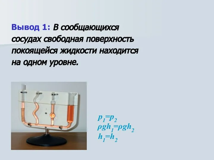 Вывод 1: В сообщающихся сосудах свободная поверхность покоящейся жидкости находится на одном уровне. р1=р2 ρgh1=ρgh2 h1=h2