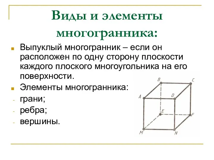 Виды и элементы многогранника: Выпуклый многогранник – если он расположен по