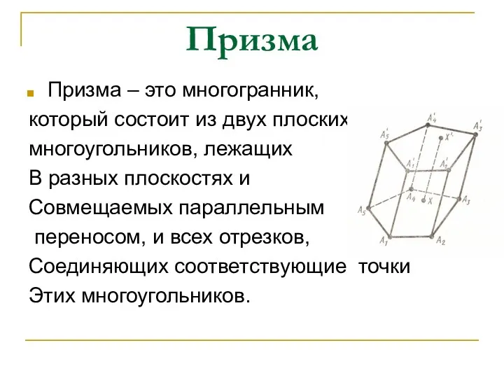 Призма Призма – это многогранник, который состоит из двух плоских многоугольников,