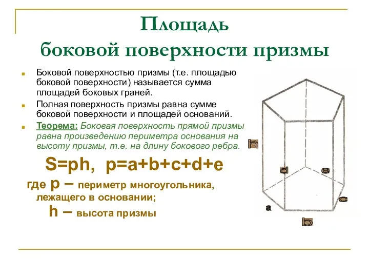 Площадь боковой поверхности призмы Боковой поверхностью призмы (т.е. площадью боковой поверхности)