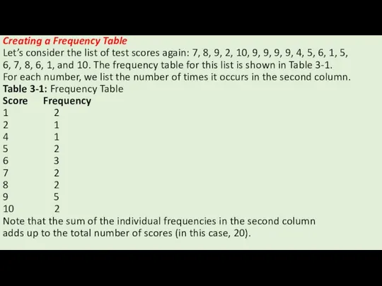 Creating a Frequency Table Let’s consider the list of test scores