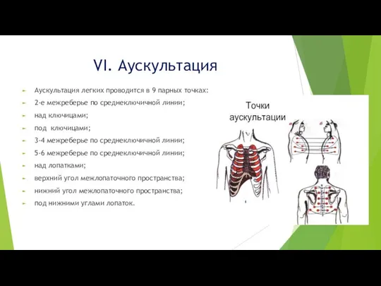 VI. Аускультация Аускультация легких проводится в 9 парных точках: 2-е межреберье