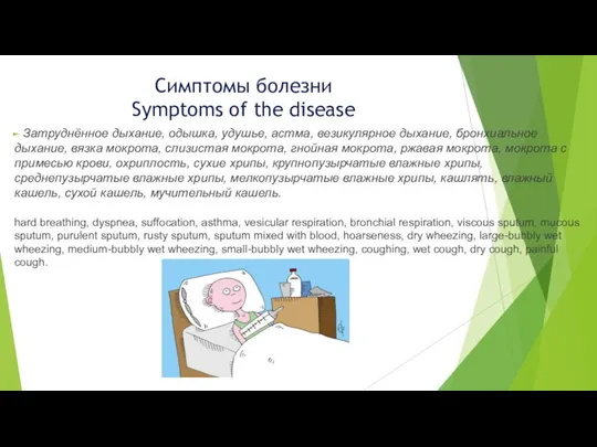 Симптомы болезни Symptoms of the disease Затруднённое дыхание, одышка, удушье, астма,