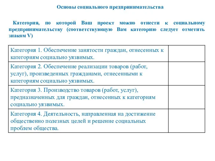 Категория, по которой Ваш проект можно отнести к социальному предпринимательству (соответствующую