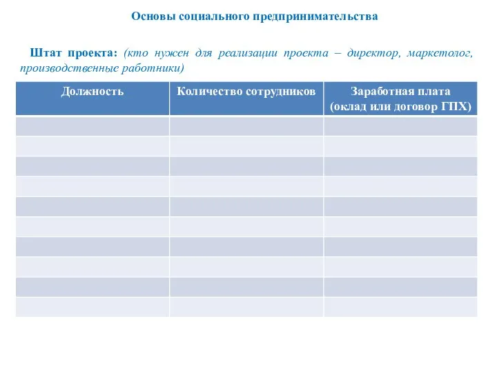 Штат проекта: (кто нужен для реализации проекта – директор, маркетолог, производственные работники) Основы социального предпринимательства