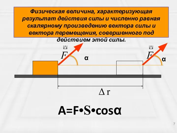 Физическая величина, характеризующая результат действия силы и численно равная скалярному произведению