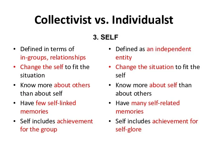 Collectivist vs. Individualst Defined in terms of in-groups, relationships Change the