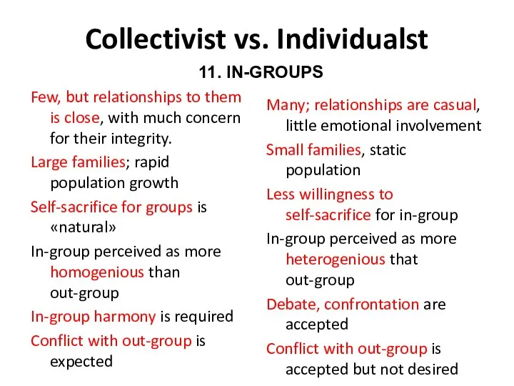 Collectivist vs. Individualst Few, but relationships to them is close, with