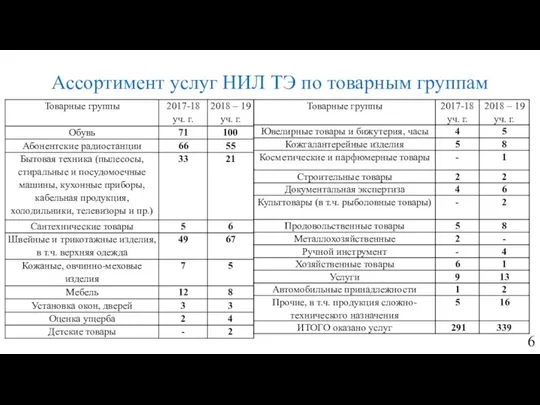 Ассортимент услуг НИЛ ТЭ по товарным группам 6