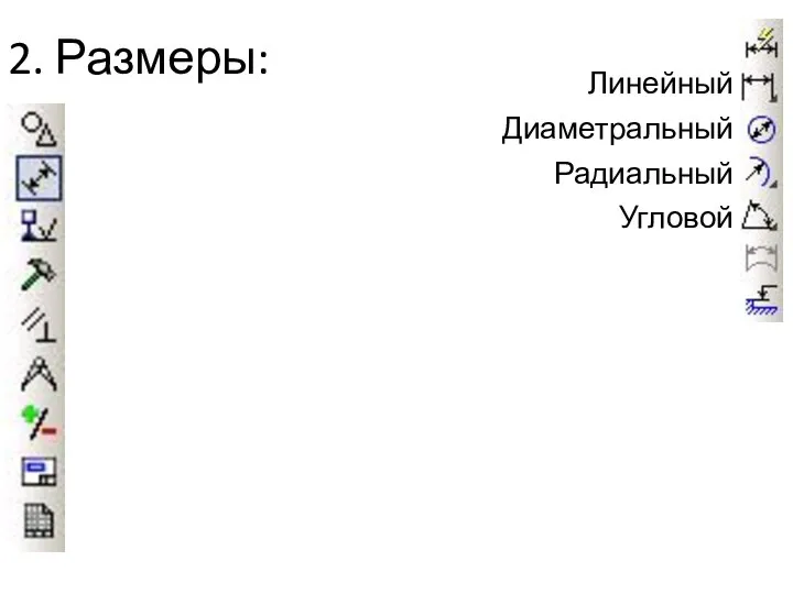 2. Размеры: Линейный Диаметральный Радиальный Угловой