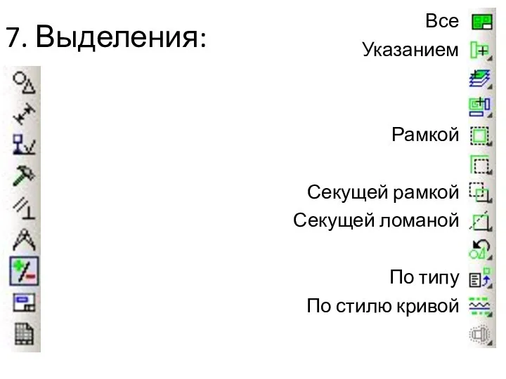 7. Выделения: Все Указанием Рамкой Секущей рамкой Секущей ломаной По типу По стилю кривой