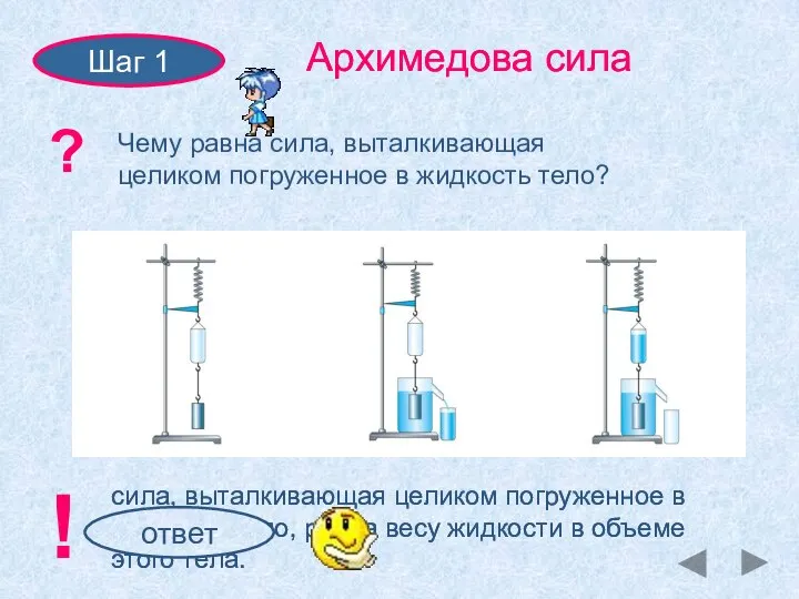 Шаг 1 Архимедова сила ? Чему равна сила, выталкивающая целиком погруженное