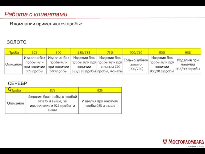 Работа с клиентами В компании применяются пробы: ЗОЛОТО СЕРЕБРО