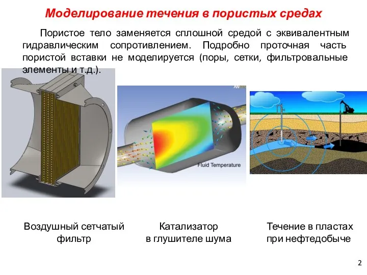 Моделирование течения в пористых средах Воздушный сетчатый фильтр Катализатор в глушителе