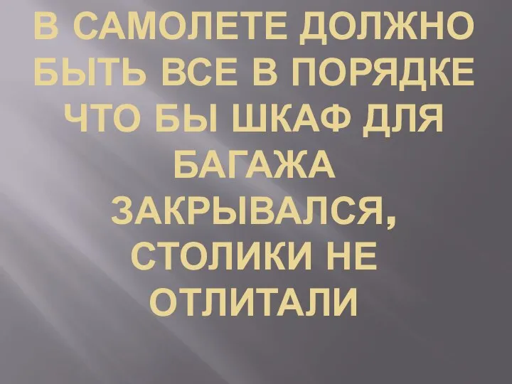 В САМОЛЕТЕ ДОЛЖНО БЫТЬ ВСЕ В ПОРЯДКЕ ЧТО БЫ ШКАФ ДЛЯ БАГАЖА ЗАКРЫВАЛСЯ, СТОЛИКИ НЕ ОТЛИТАЛИ