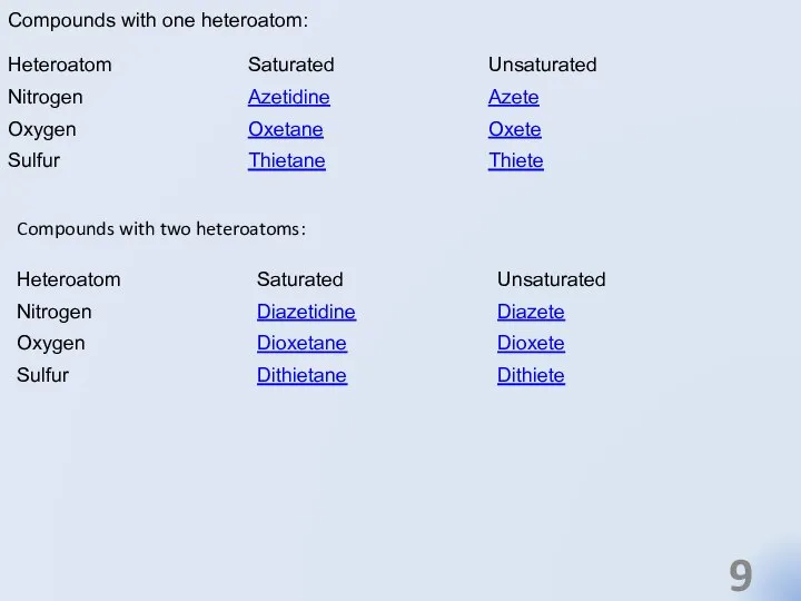 Compounds with one heteroatom: Compounds with two heteroatoms: